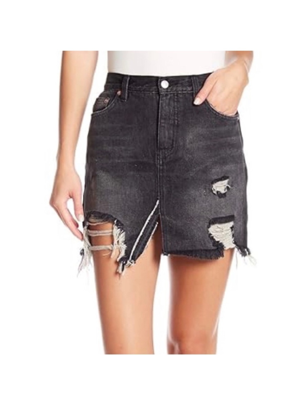 We The Free Washed Black Distressed Denim Mini Skirt Size 26
